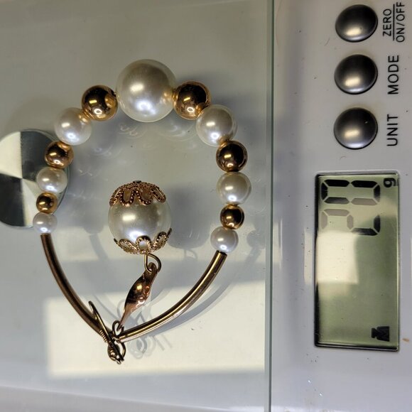 Gold Beads and White Pearl Large Hook Earrings - Picture 9 of 9